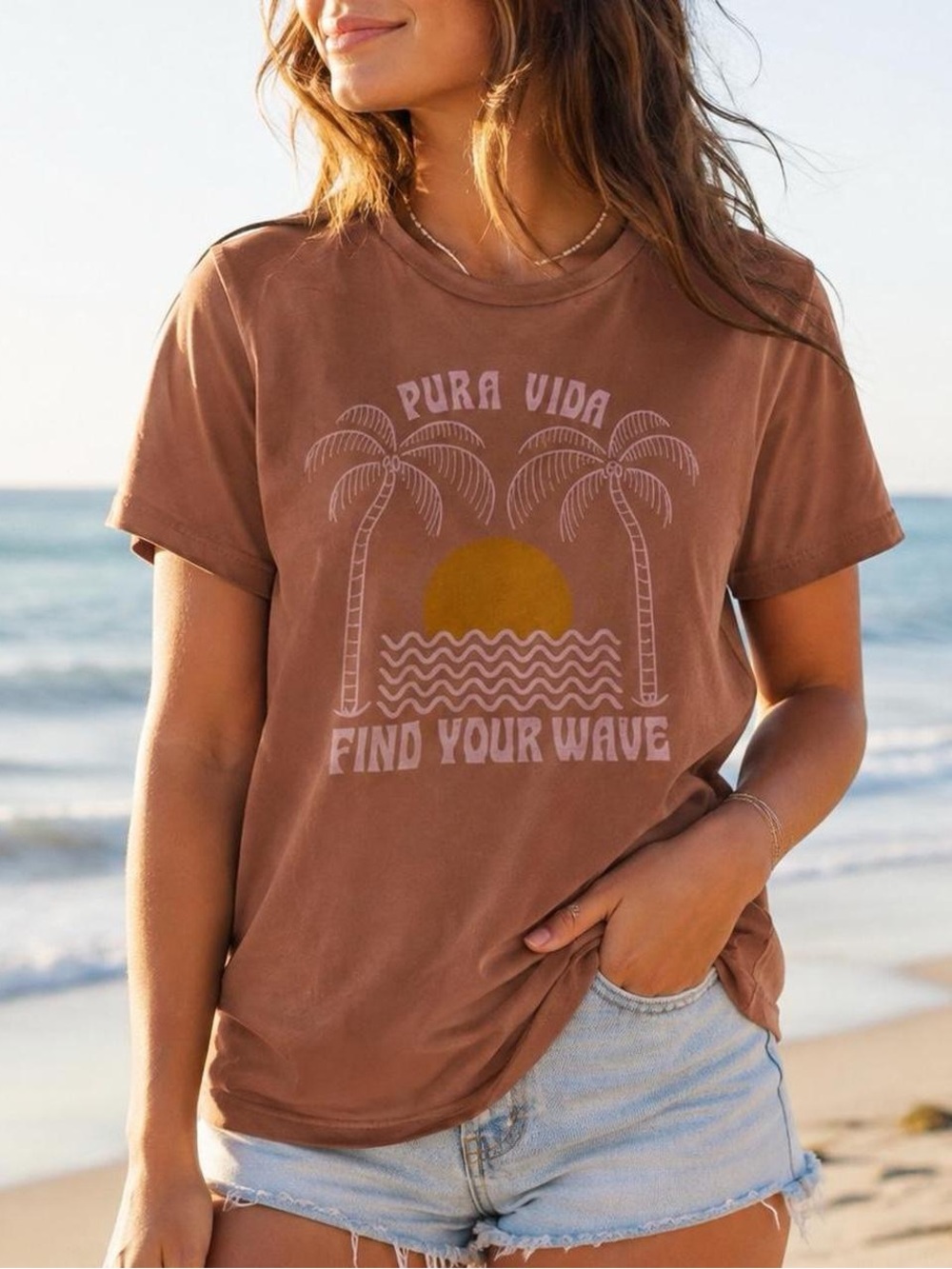 Pura Vida Find Your Wave Graphic Tee Brown Pink Palm Tree Beach T-Shirt Small
